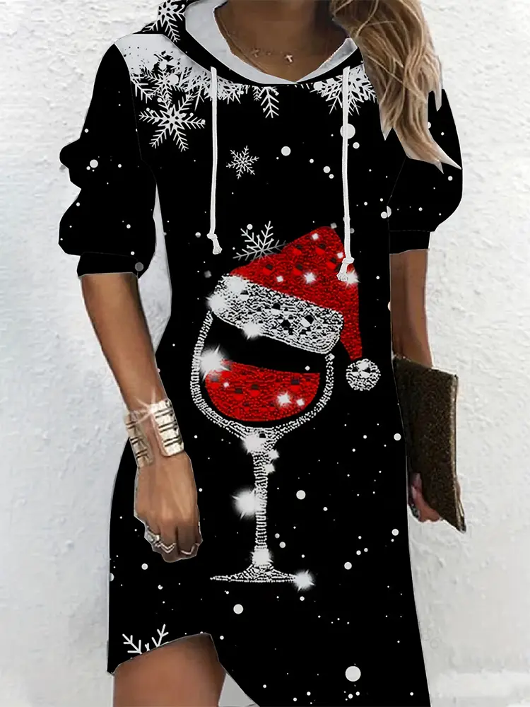 Women's Christmas Wine Glass Printed Hoodie Casual Long Sleeve Dresses Autumn Fashion Model Autumn Best Choice