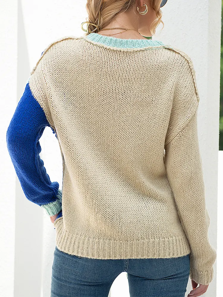 Women's Retro Striped Pullover Sweater round Neck Long Sleeve Knitted Loose Fit Casual Fashionable Top