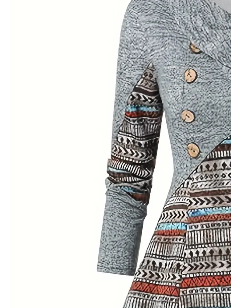 Casual Long Sleeve Button Dress Women Button Round Neck Vintage Elegant Dress Best Choice for Spring and Summer
