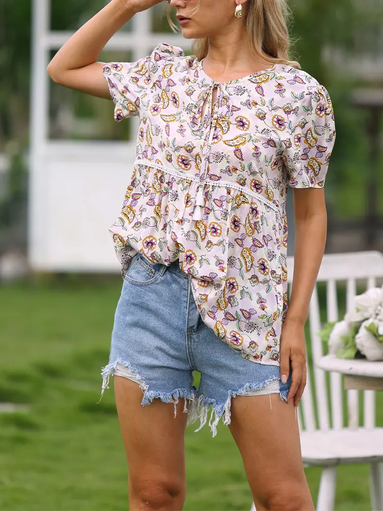Women's Summer Fashion Tops Round Neck Hollow Loose Short Sleeved Printed T Shirt Shirt Out Commuter Clothes Ladies Attire