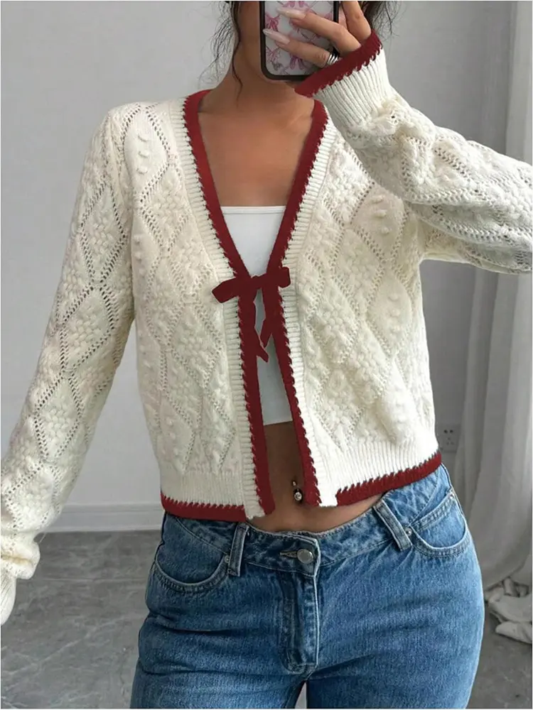 Women's Casual Long Sleeve Knitted Cardigan Rhombus Pattern Contrasting Trims Autumn/Winter 2024 New Design
