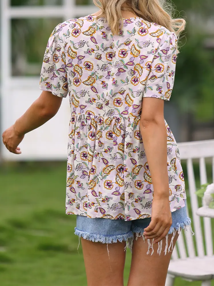 Women's Summer Fashion Tops Round Neck Hollow Loose Short Sleeved Printed T Shirt Shirt Out Commuter Clothes Ladies Attire