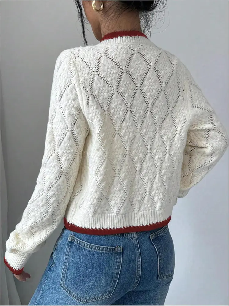Women's Casual Long Sleeve Knitted Cardigan Rhombus Pattern Contrasting Trims Autumn/Winter 2024 New Design