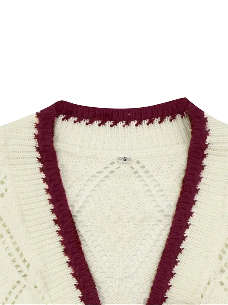 Women's Casual Long Sleeve Knitted Cardigan Rhombus Pattern Contrasting Trims Autumn/Winter 2024 New Design