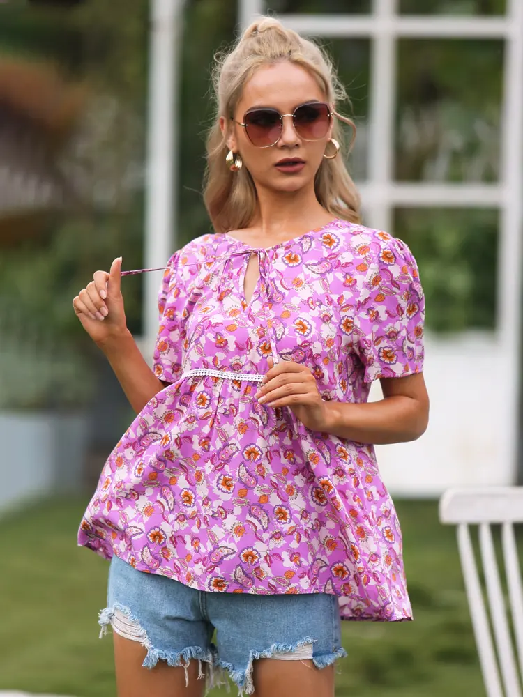Women's Summer Fashion Tops Round Neck Hollow Loose Short Sleeved Printed T Shirt Shirt Out Commuter Clothes Ladies Attire