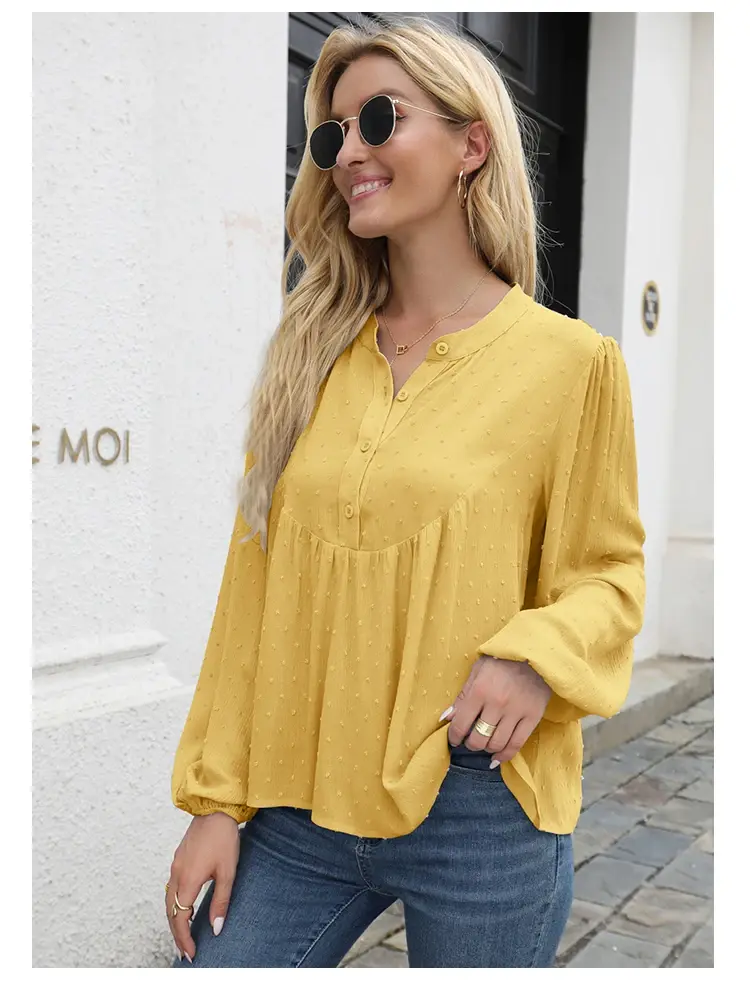 2025 New Women's Split Sleeve V Neck Button Pleated Back Shirt Swiss Dot Top T Shirt Casual Elegant Fashion