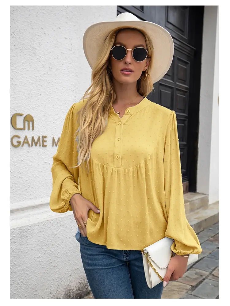 2025 New Women's Split Sleeve V Neck Button Pleated Back Shirt Swiss Dot Top T Shirt Casual Elegant Fashion