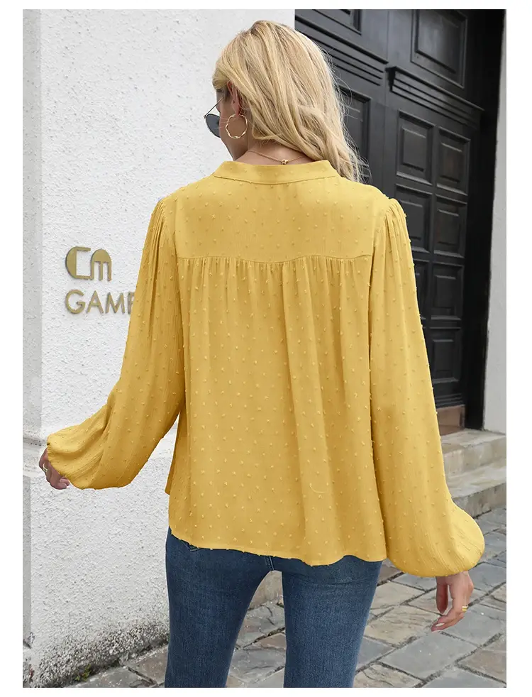2025 New Women's Split Sleeve V Neck Button Pleated Back Shirt Swiss Dot Top T Shirt Casual Elegant Fashion