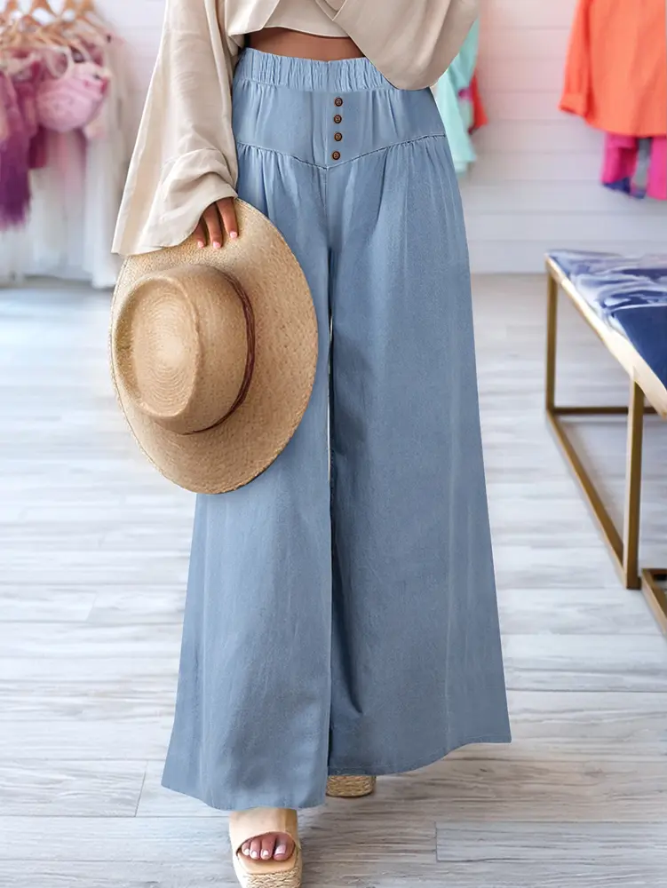 Women's Pure Color Casual Wide Leg Pants Button Front Pleated Loose Fit for Everyday Beach Holiday Wear