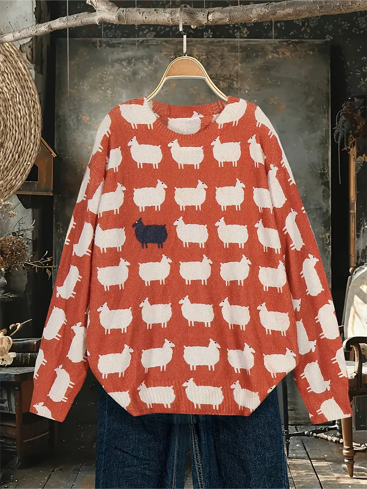 Women's plus Size 3D Sheep Pattern Crew Neck Pullover Sweater Casual Long Sleeve Knitted Sweater for Autumn And Winter