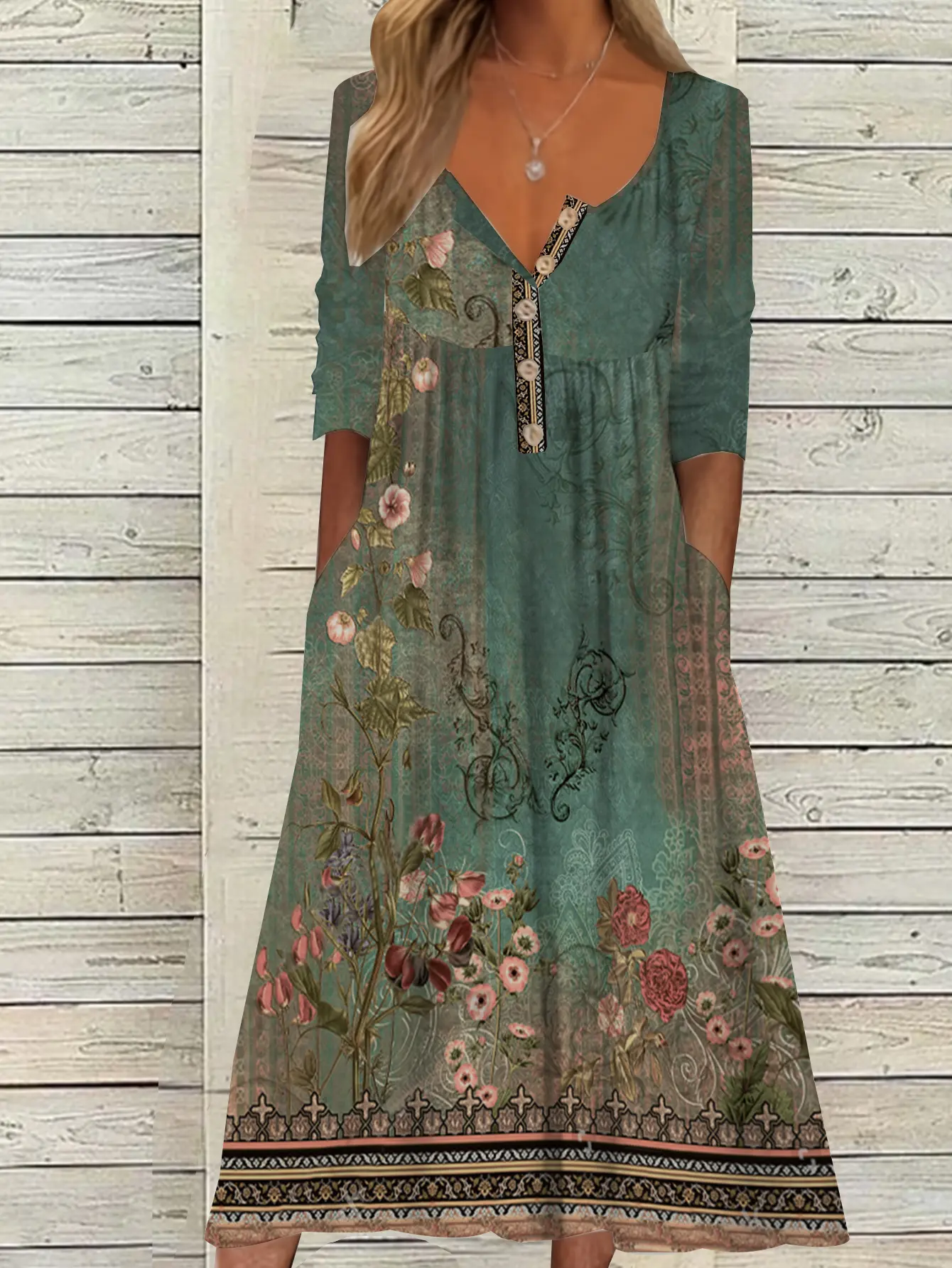 2025 Summer New Women's V-Neck Split Sleeve Button Dress V-Neck Printed Pattern Pleated With Pockets Maxi Dresses
