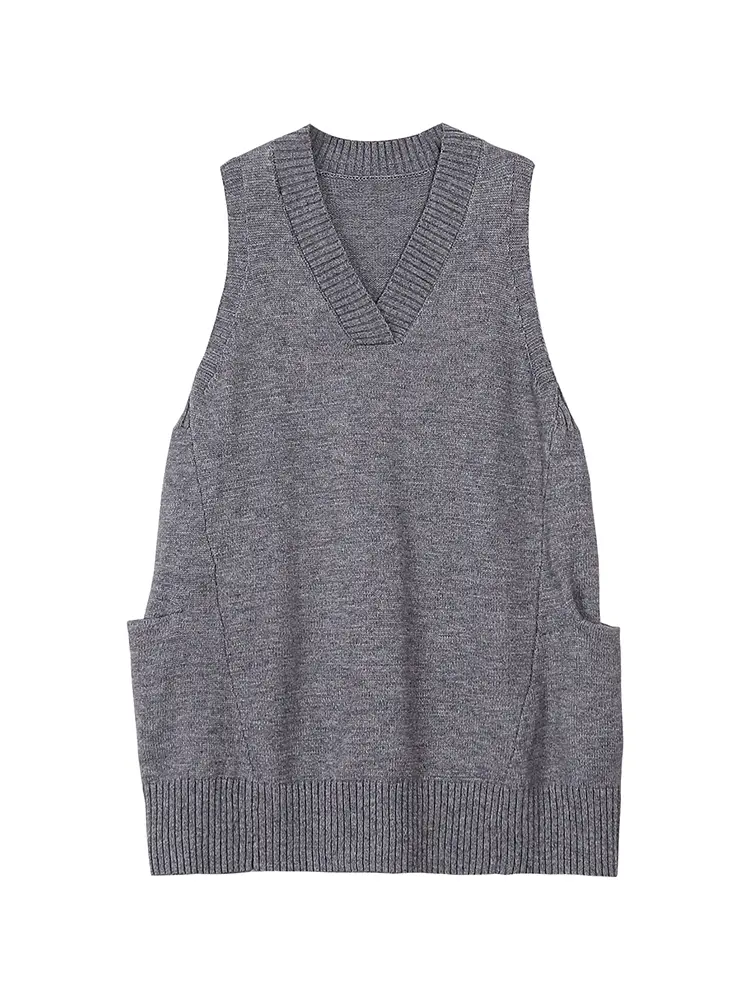 Women's V-neck Sleeveless Pullover Sweater Vest Knitted Top with Pocket Loose Casual Solid Color Knit