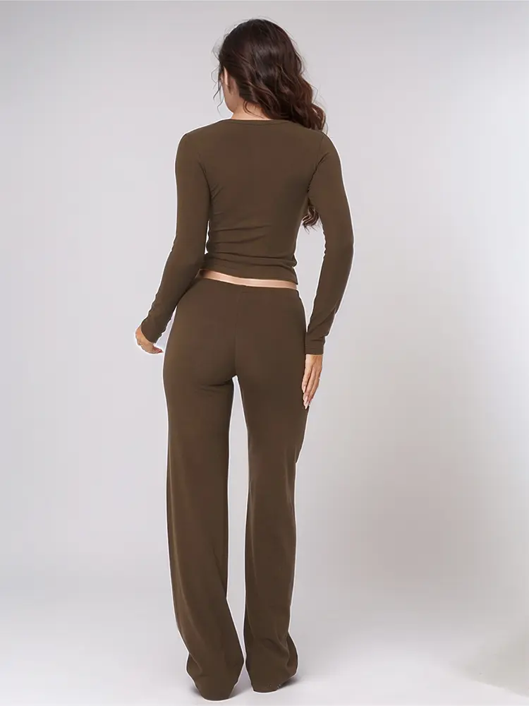 Women's Solid Color Two-Piece Pajamas Set Long Sleeve Pullover Comfortable Shirt Drawstring Waist Cinching Pants Loungewear