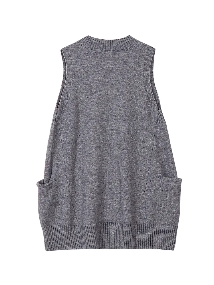 Women's V-neck Sleeveless Pullover Sweater Vest Knitted Top with Pocket Loose Casual Solid Color Knit