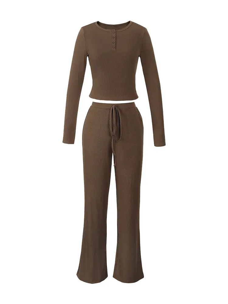 Women's Solid Color Two-Piece Pajamas Set Long Sleeve Pullover Comfortable Shirt Drawstring Waist Cinching Pants Loungewear