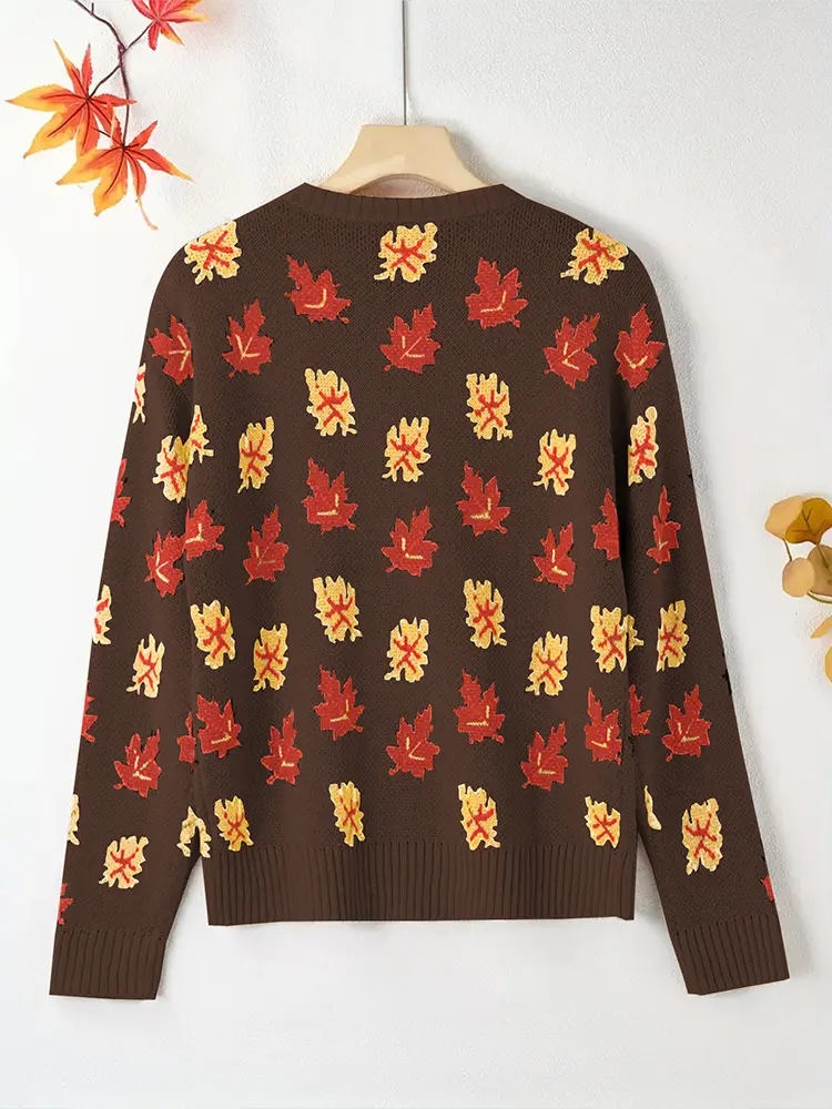 plus Size Women's Magnolia Leaf Pattern Casual Sweater round Neck Drop Shoulder Autumn Winter Wear