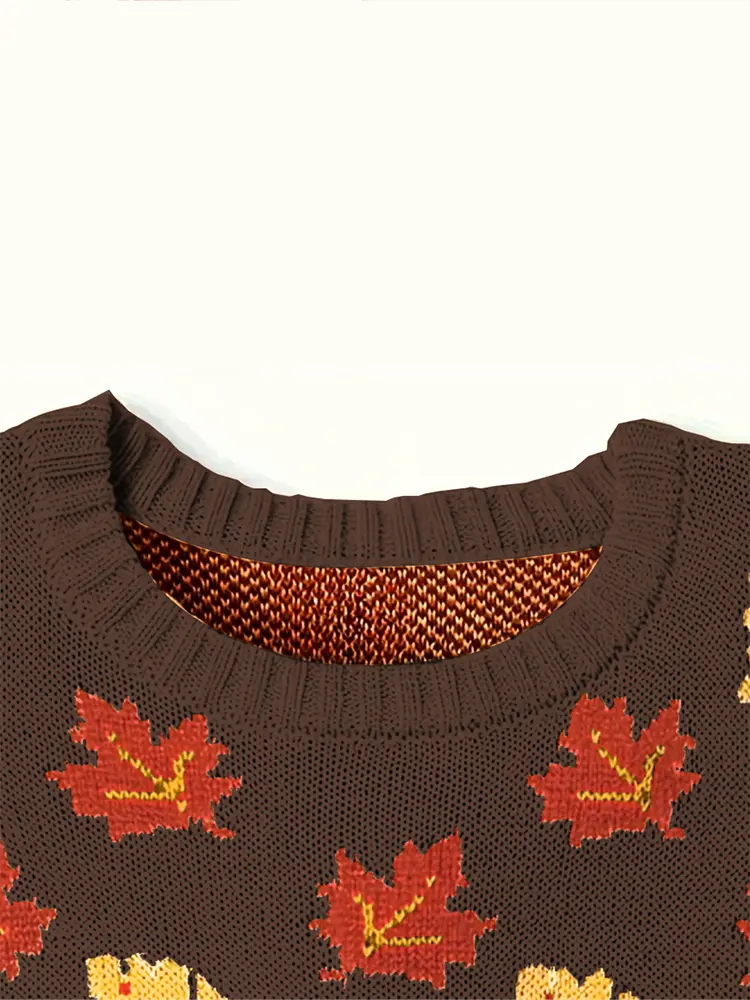 plus Size Women's Magnolia Leaf Pattern Casual Sweater round Neck Drop Shoulder Autumn Winter Wear