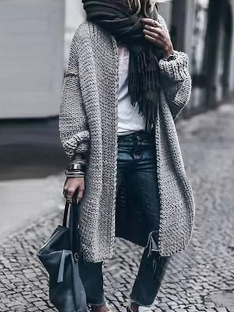 plus Size Grey Cardigan Long Knitted Sweater for Women Warm Autumn Winter Fashion 2024 Best Choice