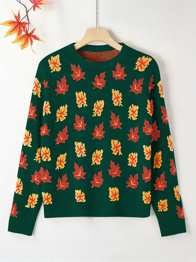 plus Size Women's Magnolia Leaf Pattern Casual Sweater round Neck Drop Shoulder Autumn Winter Wear
