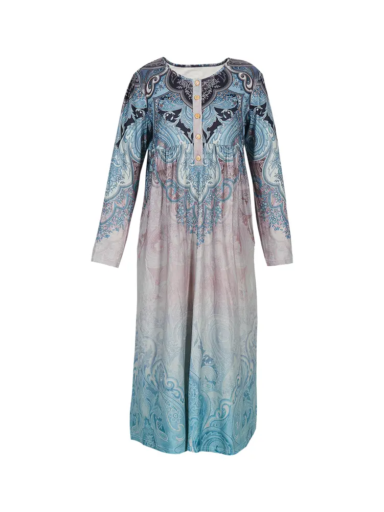 2025 Summer New Women's V-Neck Split Sleeve Button Dress V-Neck Maxi Dress Polyester Retro Aged Style