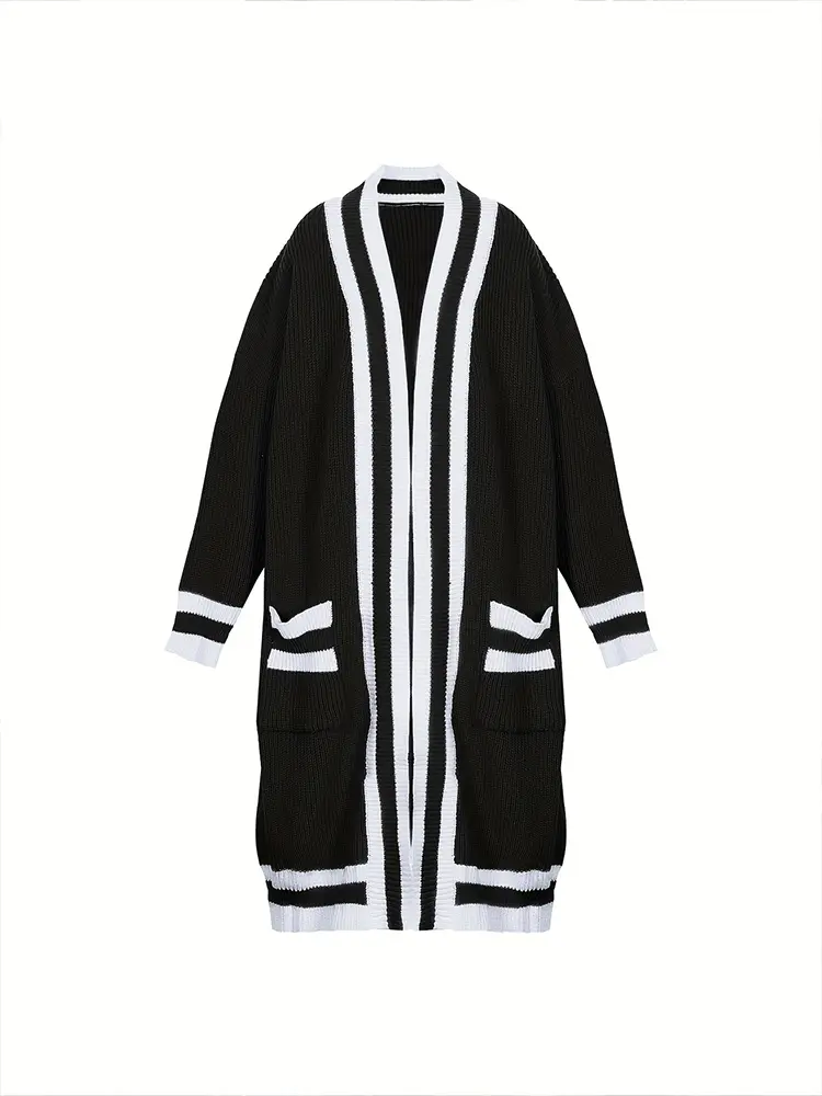Women's plus Size Casual Cardigan Long Sleeve Colour Block Stripe Print Cardigan Jacket with Pockets Large Size
