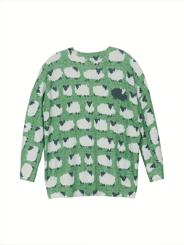 Plus Size Women's Sheep Floral Pattern Sweater Casual Crew Neck Long Sleeve Knit Suitable for Fall and Winter Wear