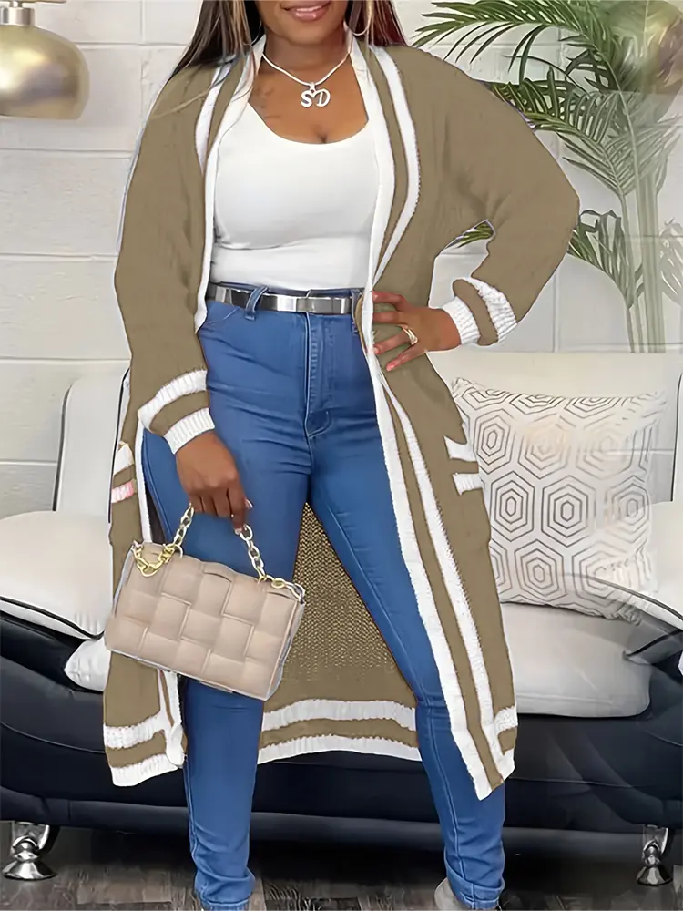 Women's plus Size Casual Cardigan Long Sleeve Colour Block Stripe Print Cardigan Jacket with Pockets Large Size