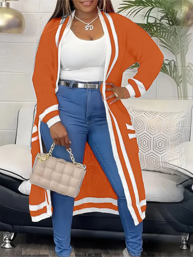 Women's plus Size Casual Cardigan Long Sleeve Colour Block Stripe Print Cardigan Jacket with Pockets Large Size