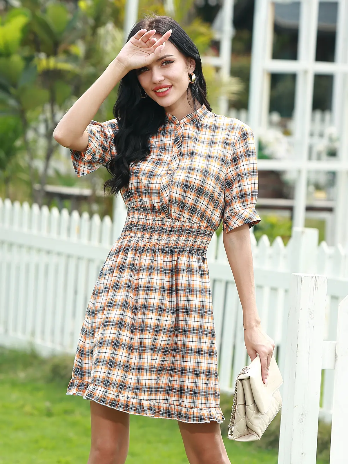 Women's High Neck Mini Dress Casual Short Sleeve Plaid Button Cardigan A-line Fashion Clothing Home Daily