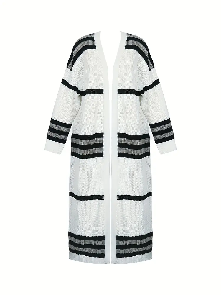 plus Size White Striped Knitted Cardigan Women's Autumn Winter Sweater Trend 2024 Comfortable Best Choice Knitwear