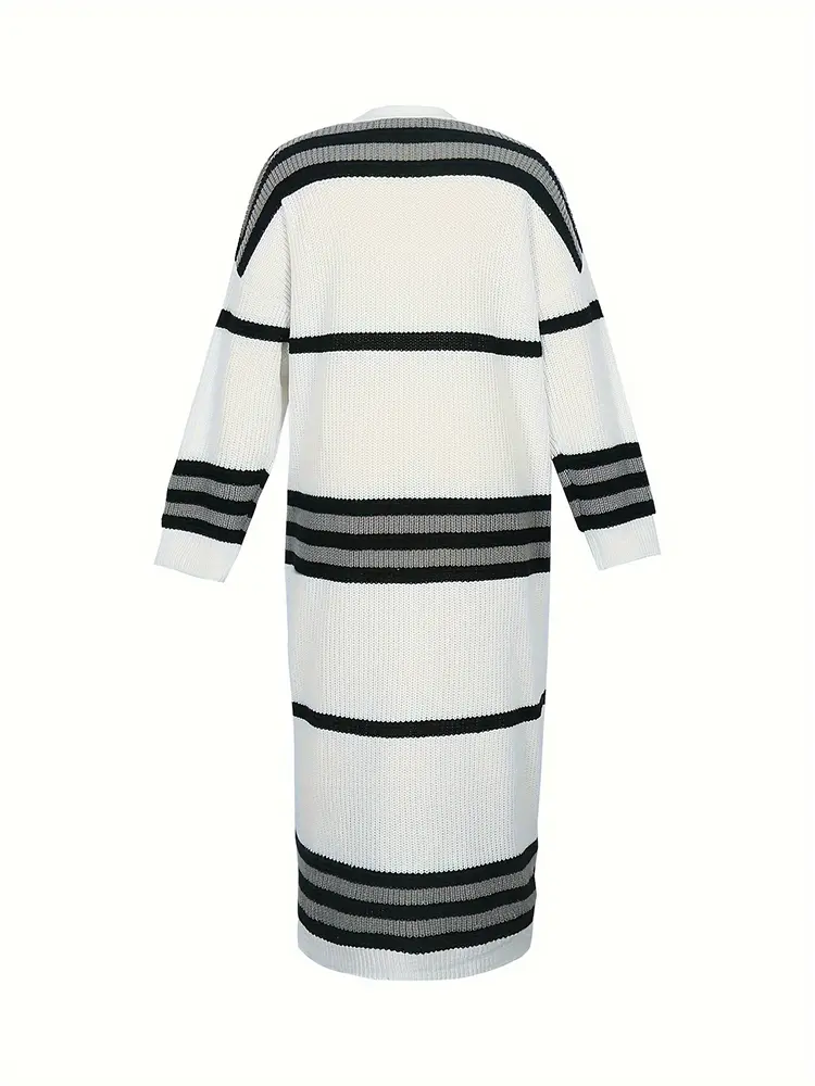 plus Size White Striped Knitted Cardigan Women's Autumn Winter Sweater Trend 2024 Comfortable Best Choice Knitwear