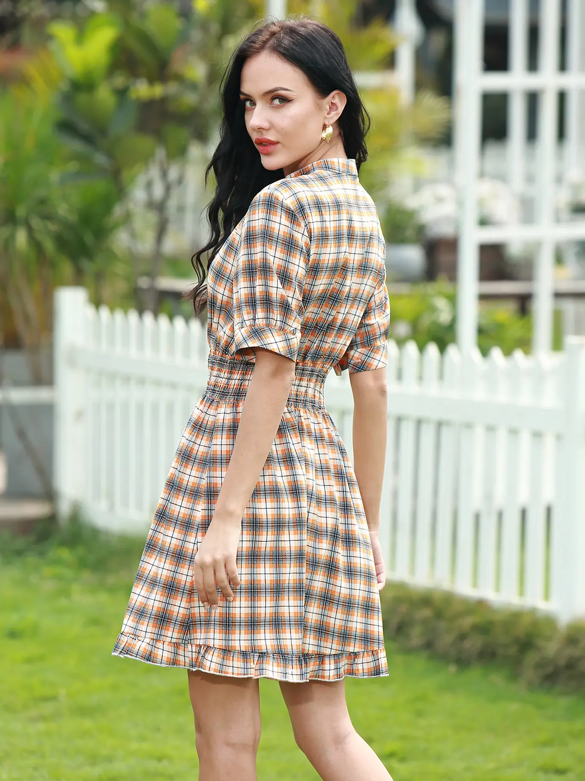 Women's High Neck Mini Dress Casual Short Sleeve Plaid Button Cardigan A-line Fashion Clothing Home Daily