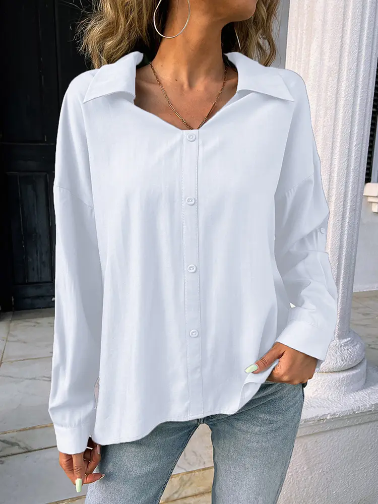 Women's Solid Color V-Neck T-Shirt 2025 Spring Summer Casual Loose Single Breasted Top Basic Workwear