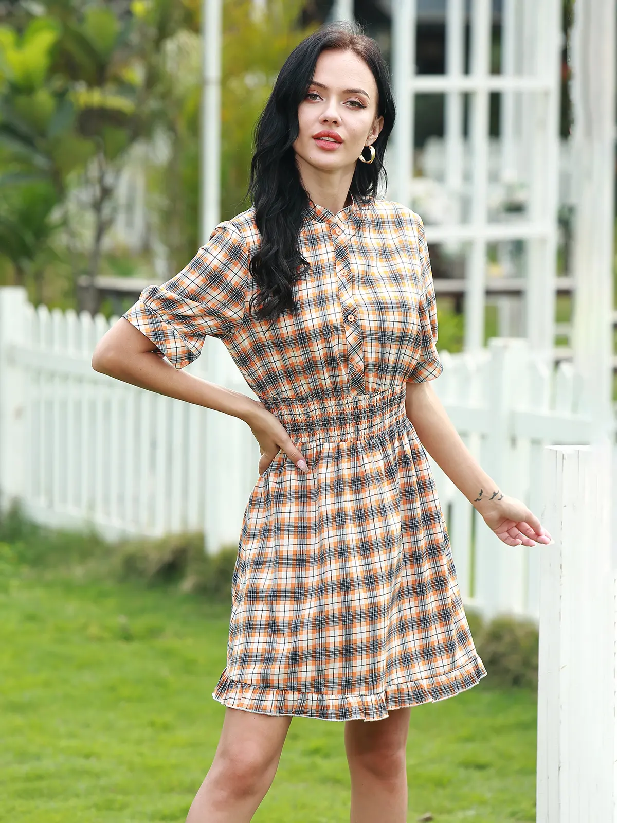 Women's High Neck Mini Dress Casual Short Sleeve Plaid Button Cardigan A-line Fashion Clothing Home Daily