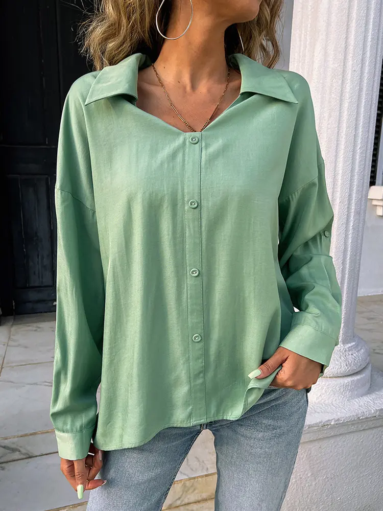 Women's Solid Color V-Neck T-Shirt 2025 Spring Summer Casual Loose Single Breasted Top Basic Workwear