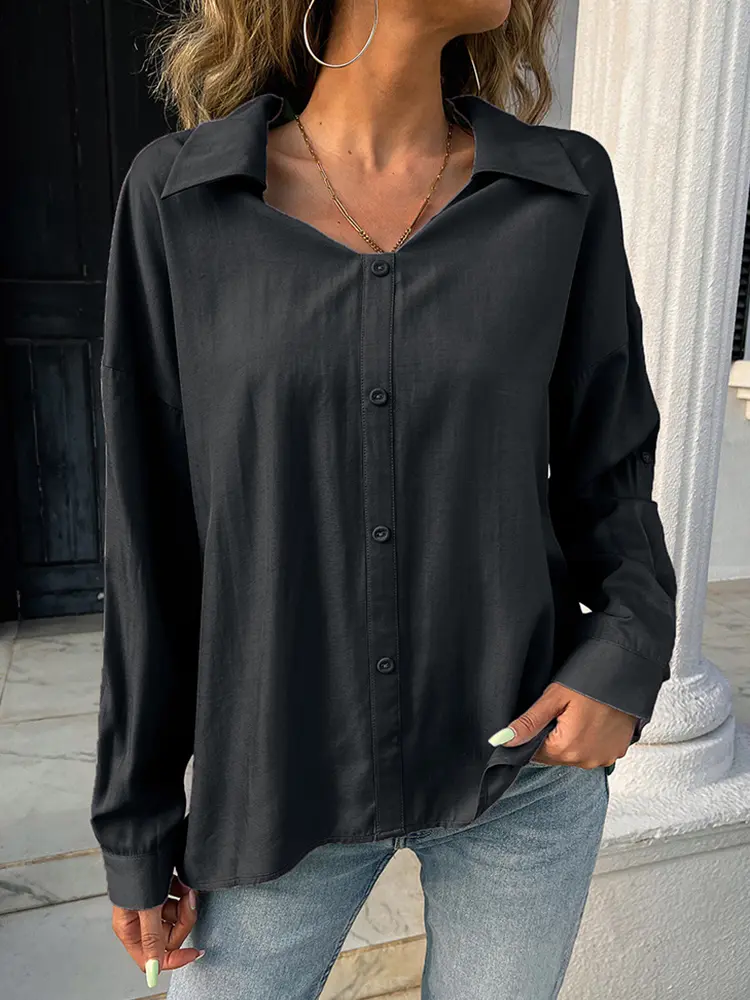Women's Solid Color V-Neck T-Shirt 2025 Spring Summer Casual Loose Single Breasted Top Basic Workwear