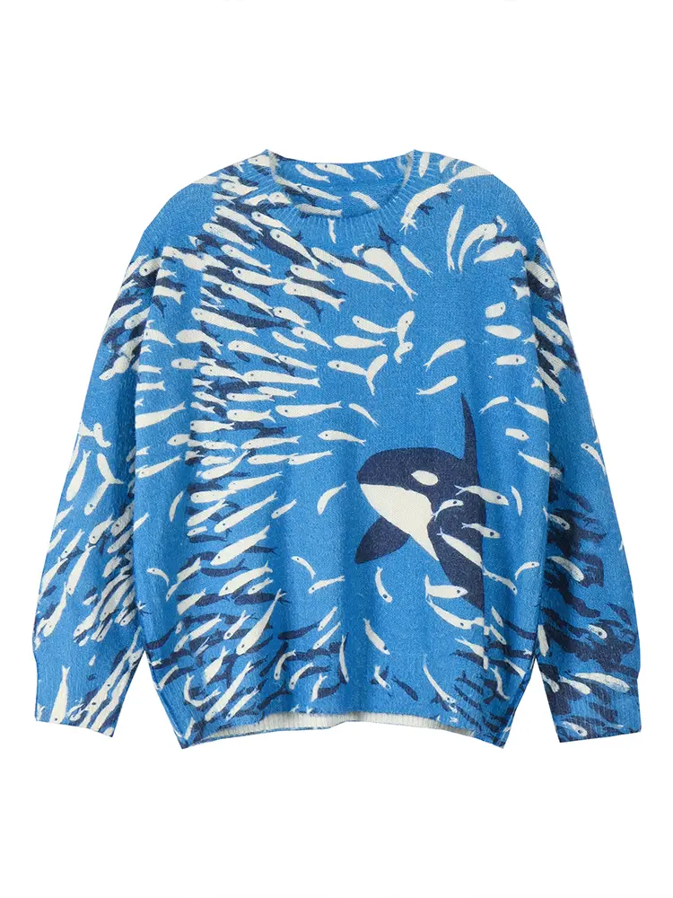 plus Size Comfortable Casual Ladies Sweater with Whale Pattern Drop Shoulder Leisure Eye-Catching Knitwear for Women