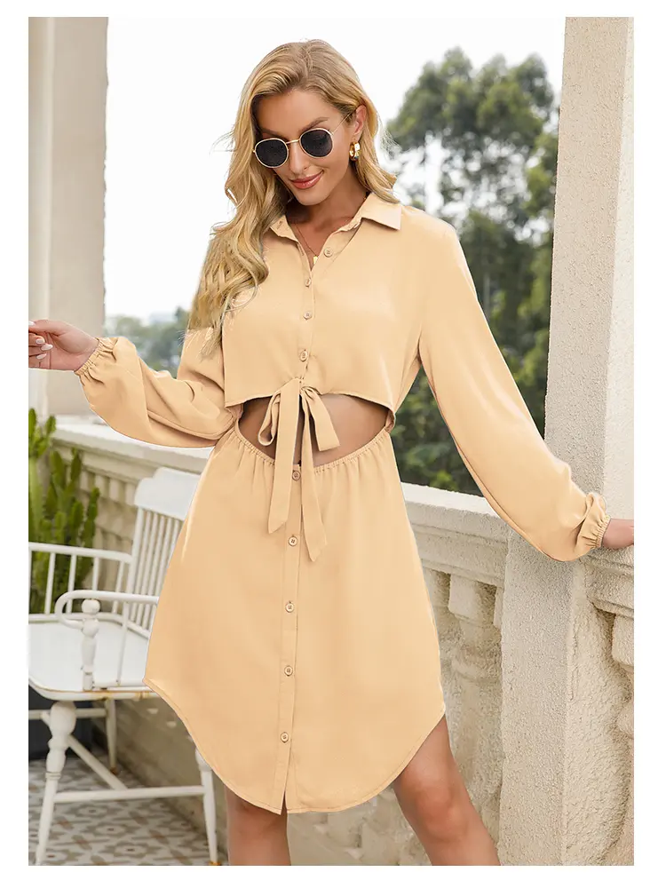 Women's Casual Solid Color Tie Front Button up Midi T-Shirt Dress Spring Summer A-Line Party Dress