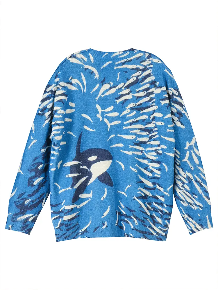 plus Size Comfortable Casual Ladies Sweater with Whale Pattern Drop Shoulder Leisure Eye-Catching Knitwear for Women