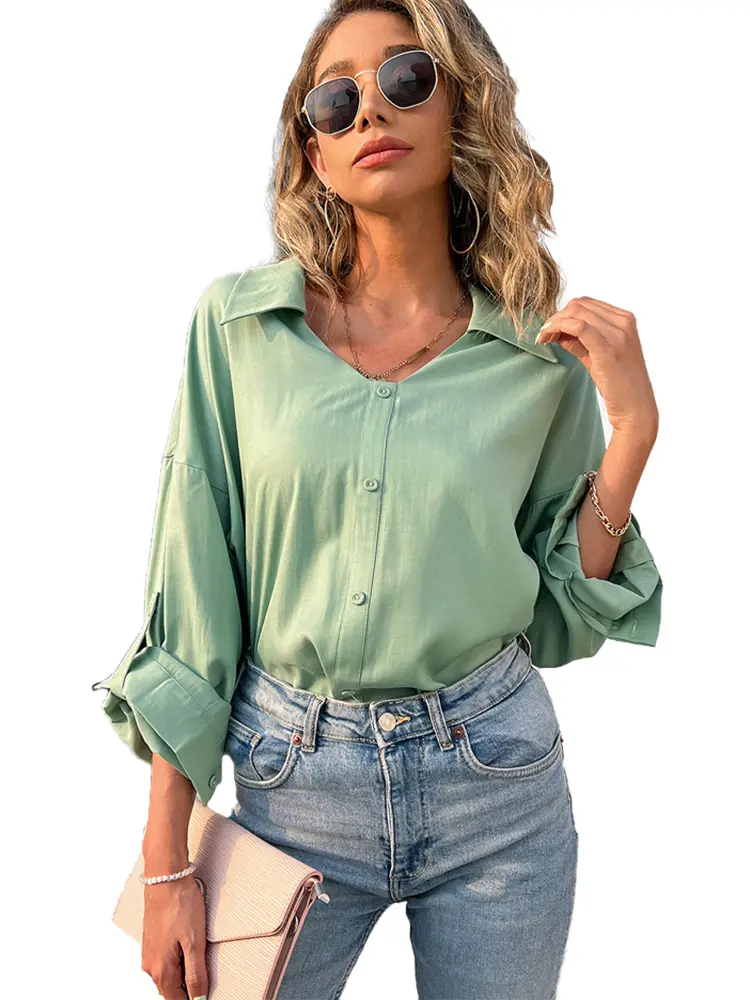 Women's Solid Color V-Neck T-Shirt 2025 Spring Summer Casual Loose Single Breasted Top Basic Workwear