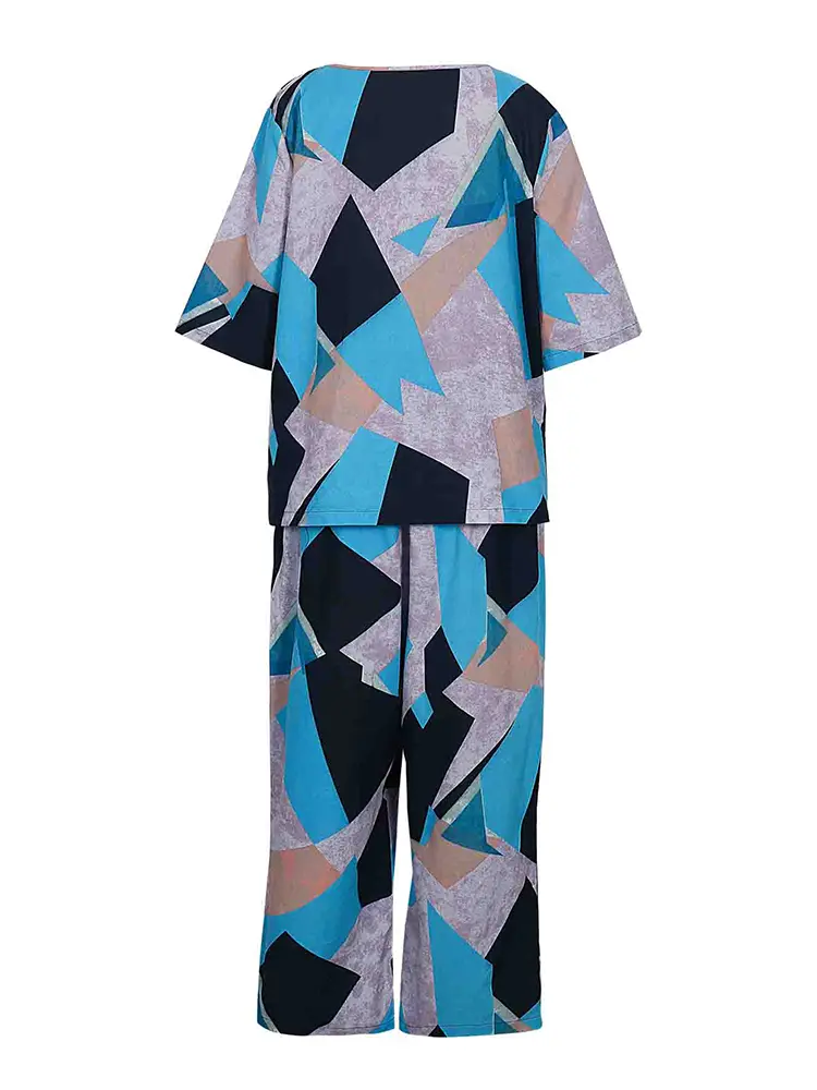Plus Size Women's Trousers Set Women's Summer Cotton Linen Printed Round Neck Five Points Sleeve Top Trousers Two Piece Set