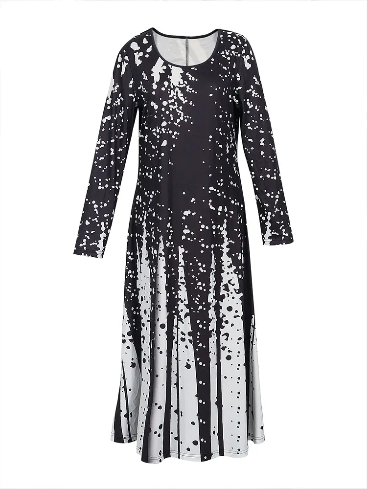 Women's Loose Casual Comfortable Maxi Dress round Neck Long Sleeve Dot Gradient Pattern 2025 Fall New