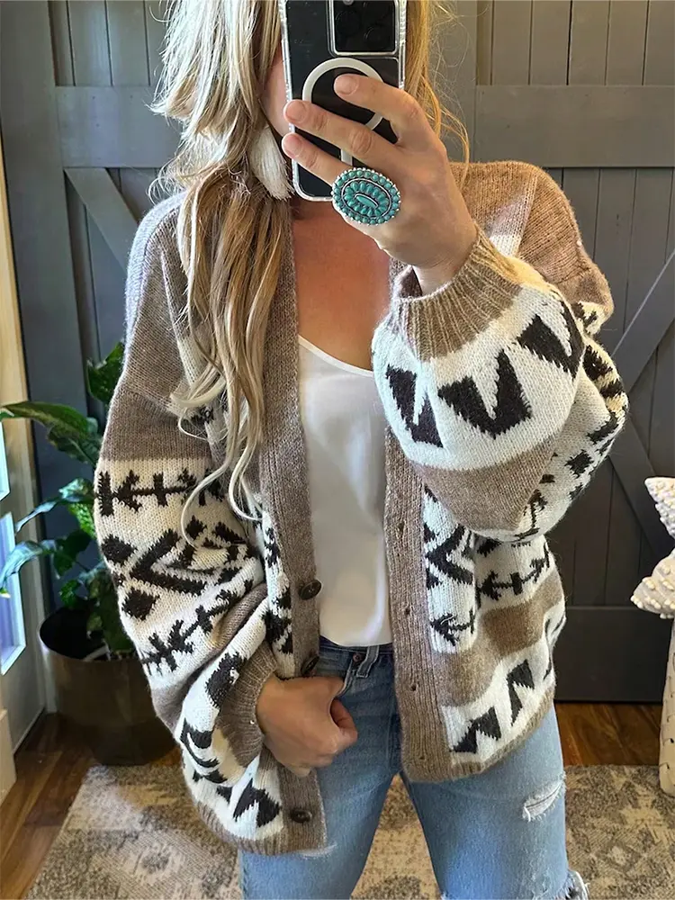 Women's Long Sleeve Owl Printed Knitted Cardigan Top Single Row Button V-Neck Loose Casual Best Choice for Spring and Summer
