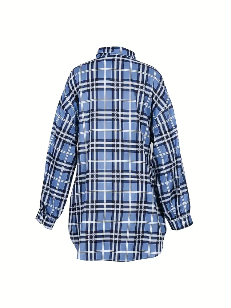 Plus Size An Elegant Polyester Plaid Shirt Dress Non-Stretch Collar And Belt Suitable For Spring Summer And Autumn
