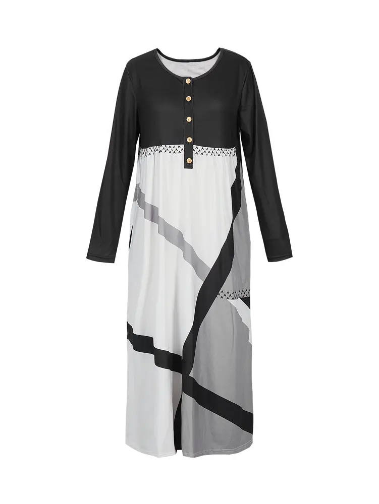 2025 Summer New Women's Round neck Button Maxi Dress Polyester Elegant Splicing color Pullover Vintage style