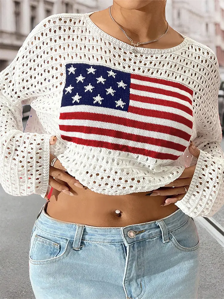 Plus Size 2025 Spring New Flag Printed Round Neck Women's Long Sleeve Skeleton Sweater Sweater Best Choice