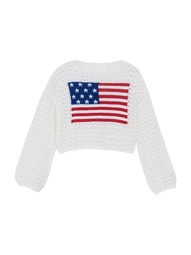 Plus Size 2025 Spring New Flag Printed Round Neck Women's Long Sleeve Skeleton Sweater Sweater Best Choice