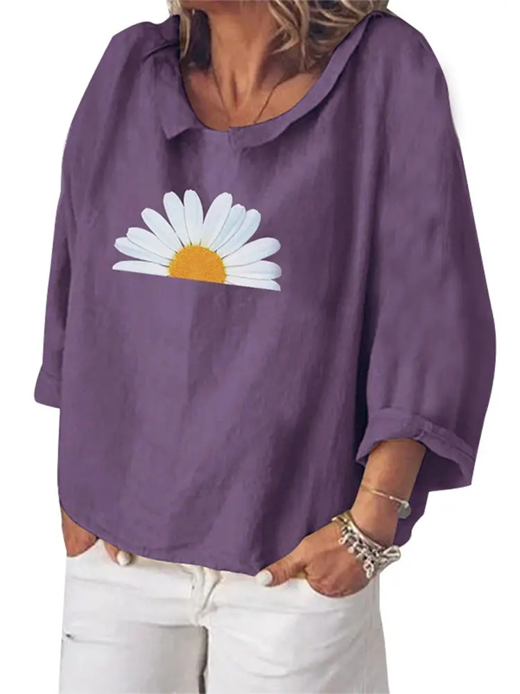 Spring And Summer New Round Neck Seven-Quarter Sleeve Comfortable Versatile T-shirt Women's Casual Loose Sunflower Print T-shirt
