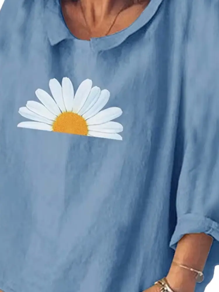 Spring And Summer New Round Neck Seven-Quarter Sleeve Comfortable Versatile T-shirt Women's Casual Loose Sunflower Print T-shirt