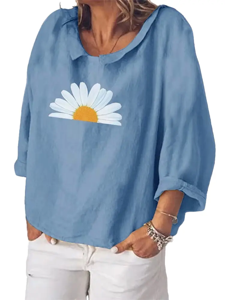 Spring And Summer New Round Neck Seven-Quarter Sleeve Comfortable Versatile T-shirt Women's Casual Loose Sunflower Print T-shirt